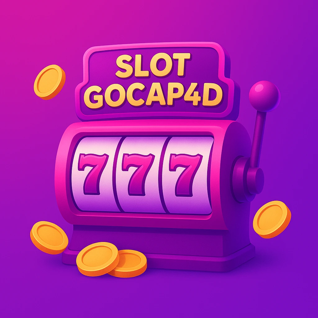 Slot machine 3D bergaya kartun dengan warna ungu dan pink, menampilkan tulisan “Slot Gocap4d” dan angka 777 di layar, dikelilingi koin emas mengambang.