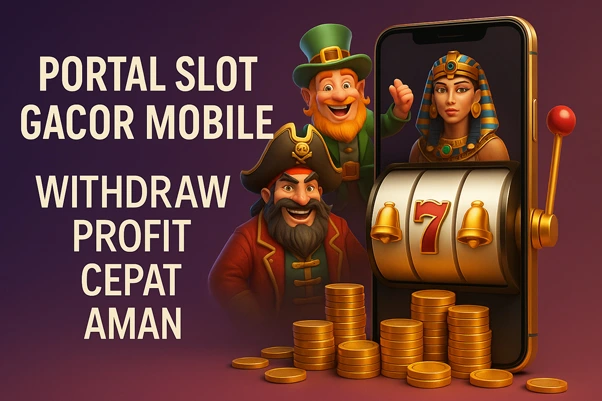 Ilustrasi 3D Portal Slot Gacor Mobile dengan karakter bajak laut, leprechaun, dan ratu Mesir di sekitar smartphone bergaya mesin slot 777, menekankan withdraw profit cepat aman